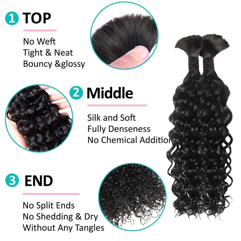 Boho Braiding Hair for Knotless Braids - 22 Inch Curly Human Hair, 2 Bundles, 100g Water Wave (Natural Color)