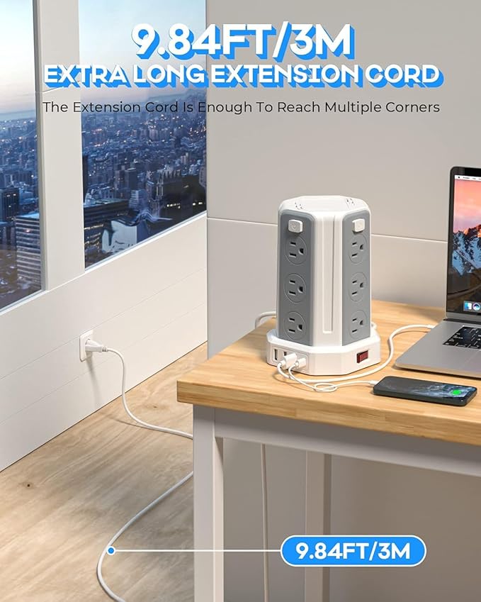 Power Strip Surge Protector, 10 Ft Extension Cord with 12 AC Multiple Outlets 4 USB (1 USB C), SMALLRT Power Tower Desktop Charging Station