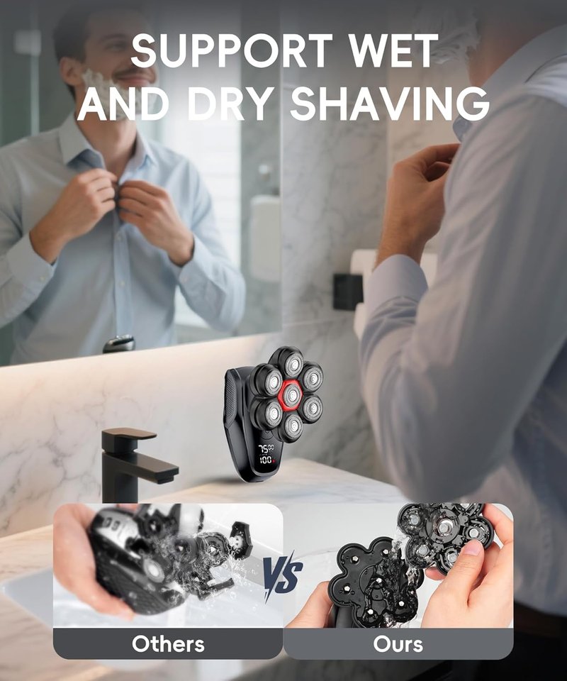 5-in-1 Men's Grooming Kit - 7D Rotary Electric Head Shaver | IPX8 Waterproof, High-Gloss Black
