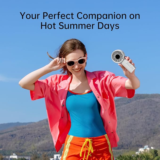 JISULIFE Handheld Portable Fan, Stronger and Longer-Lasting: 5 Speed, 5000mAh Battery, 12-Blade Turbo For Powerful Wider Wind, LED Display, Rechargeable Personal Fan for Travel Concerts Makeup-Gery