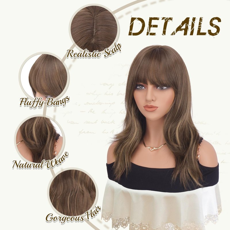 Haloo Brown Wigs with Bangs - 19 Inch Natural Wavy Synthetic Heat Resistant Medium Length Hair Wigs for Women Daily Party, Blonde Mixed Brown
