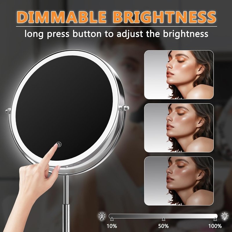 Lighted Makeup Mirror - 10-Inch Rechargeable Vanity Mirror with Magnification & Dimmable Brightness | 3 Lighting Modes, Adjustable Height, Black