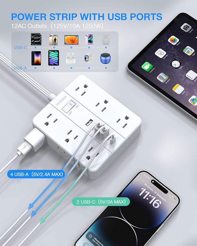 Flat Plug Power Strip, Flat Extension Cord Indoor 20 Feet, HUNIAN 12 Widely Spaced Outlets with 6 USB (2 USB C Ports), Desk Charging Station for Home Office Supplies, White
