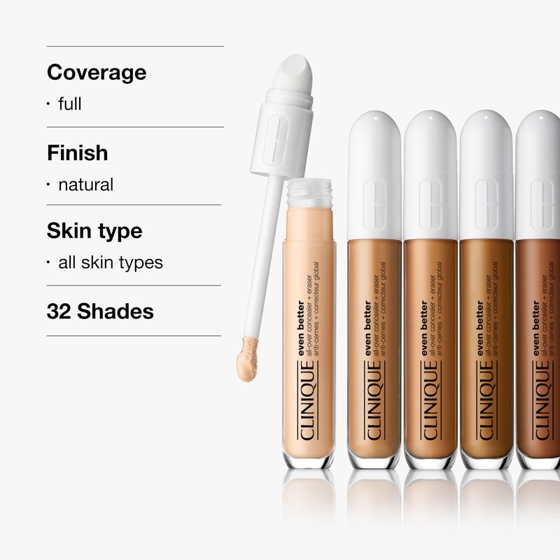 Clinique Even Better All-Over Full Coverage Concealer + Eraser Makeup For Dark Undereye Circles | With Hyaluronic Acid + Caffeine | Hydrating, Brightening + Depuffing, Ivory, 0.2 Fl Oz