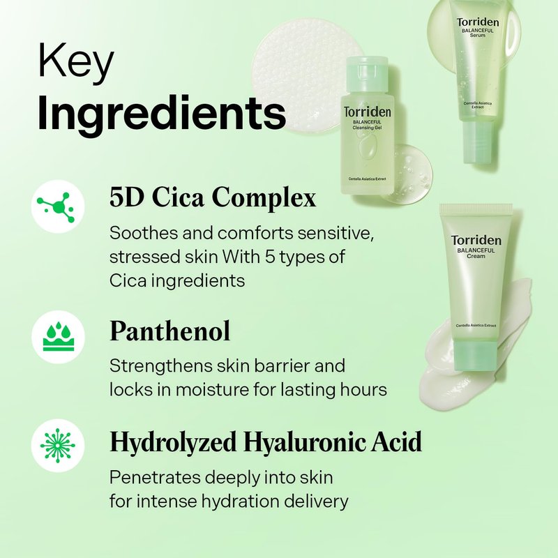Torriden BALANCEFUL Cica Trial Kit, 5D Cica Infused Daily Skincare Kit - 4 Step Regimen with Cleansing Gel, Toner Pad, Serum, and Cream | Travel Essential | Korean Skin Care Set