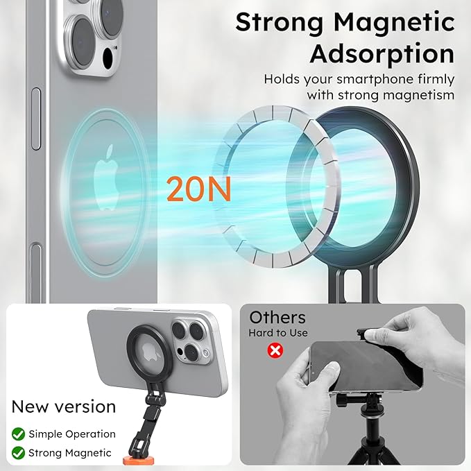 VRIG MG-28 Magnetic Phone Tripod Mount,1/4" Thread Cold Shoe 360° Rotation,for iPhone17 16 15 14 13 12 Pro All Series,Magnetic Ring Magsafe iPhone Tripod Mount Adapter