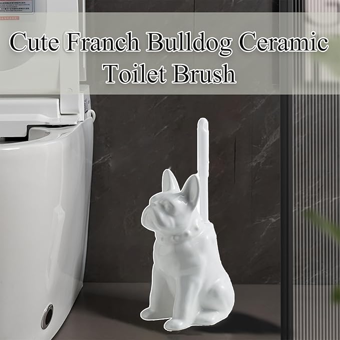 2026 Ceramic Dog Toilet Brush Holder Set, French Bulldog Design with 2PCS Durable Plastic Brush, Modern Bathroom Accessories (White)