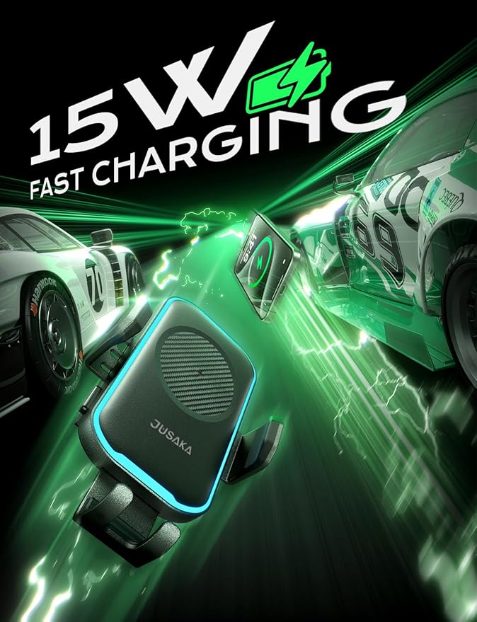 JUSAKA Wireless Car Charger,15W Fast Charging Auto Clamping Phone Holders for Your Car Compatible with iPhone 16/15/14/13, for Samsung Galaxy S24 Ultra S23 S22 S21, S20, S10+ (Black)