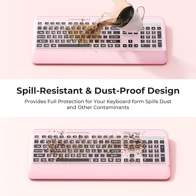 KOPJIPPOM Wireless Keyboard and Mouse Set with Quiet Keys, 2.4G Full Size Ergonomic Keyboard with Wrist Rest, Protective Covers, Soft Touch Silent Design for Windows, Computer, PC and Laptop