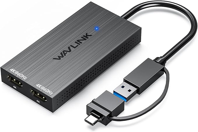 WAVLINK USB 3.0 & USB C to Dual HDMI Adapter 4K@60Hz for Dual Monitor, DisplayLink USB C HDMI Adapter for Apple Mac M1-M5/Macbook Neo, Windows 10/11, ChromeOS (No Linux/iPad/iOS/HDCP), Driver Required
