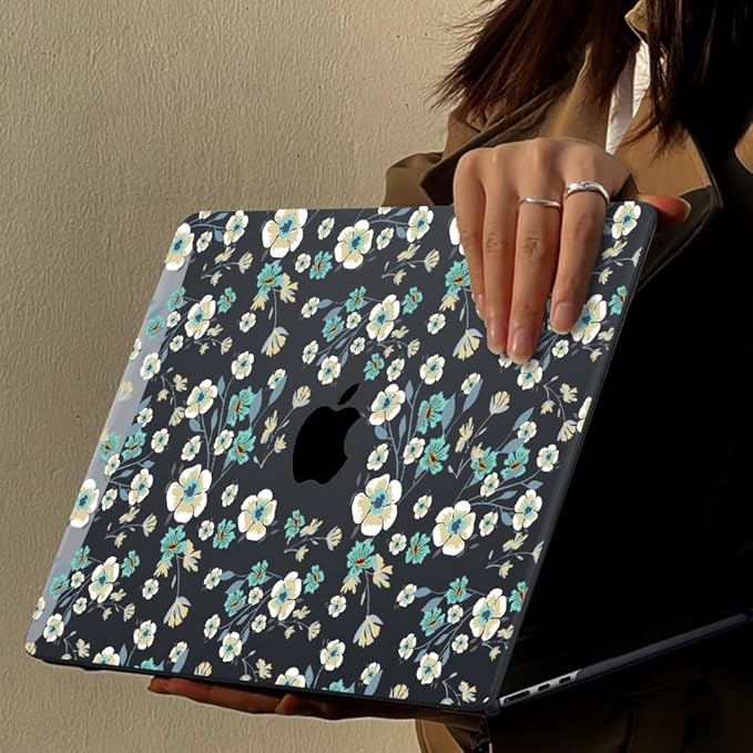 LCMOCICO for MacBook Air 13 inch Case 2021 2020 2019 2018 Release M1 A2337 A2179 A1932, Pritned Pattern Plastic Hard Case Cover for MacBook Air 13 M1 with Retina Display Touch ID, Small Green Flowers