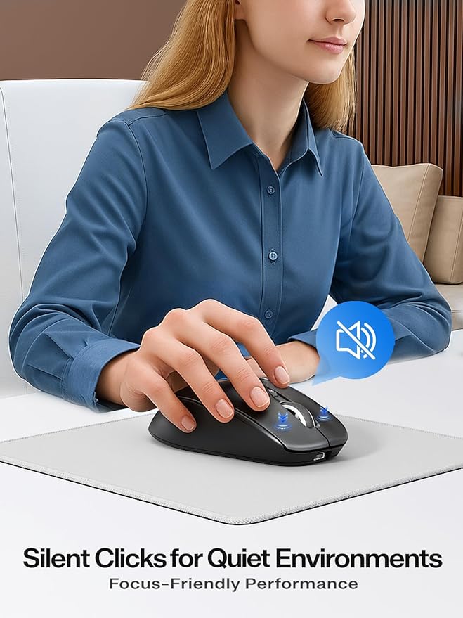 RAPIQUE Bluetooth Wireless Mouse, Dual Bluetooth + 2.4G, Connect Up to 3 Devices, USB-C Rechargeable, Quiet Click, 4 DPI Levels up to 3200, Ergonomic Right-Hand Design for PC, MacBook, Laptop - Black