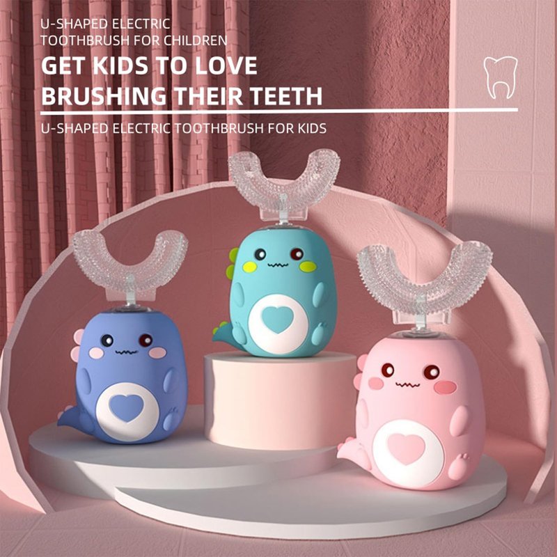 PLAYIKO Kids U Shaped Electric Toothbrush with 4 Brush Heads, 360° Sonic Automatic Toothbrush with 3 Cleaning Modes, IPX7 Waterproof Cartoon Dinosaur Design (Ages 2-12)