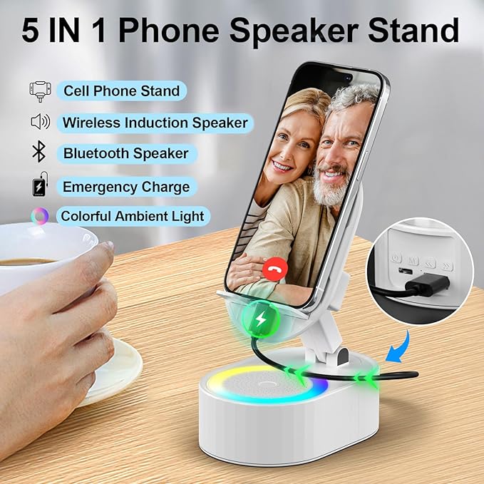 AKLLCCR Wireless Induction Audio Bluetooth Speaker 5in1 Phone Holder Emergency Rechargeable (3000mAh) with Colorful Ambient Light 300° Foldable for Tablet iPhone Android, Gifts for Men Women (White)