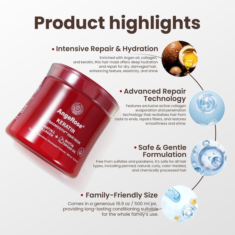 AngeRose Keratin Hair Mask with Collagen & Argan Oil – Deep Conditioner Treatment for Dry Damaged Hair Repair – Hydrating & Strengthening Cream for Color Treated 16.9 Oz (500ml)