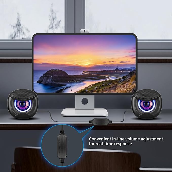 Elimavi USB Computer Speakers, 3.5mm Aux Speaker and USB Powered Interface are Suitable for Desktop Laptop Monitor, Owl Eye Design, Includes a USB-C Adapter, Blue Lights