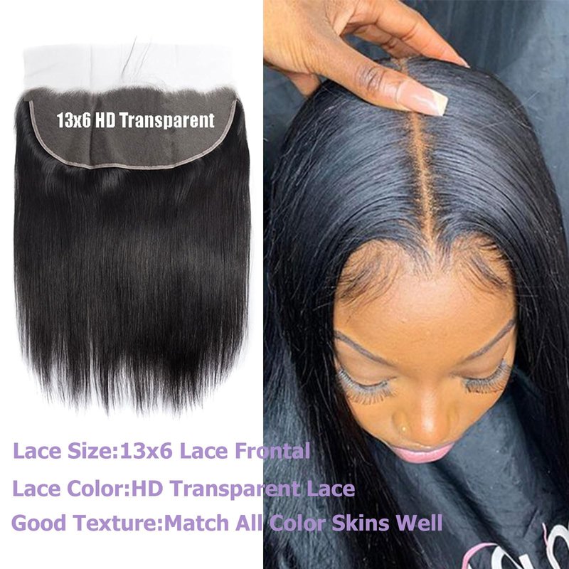 DSEKCAIN HD Frontal 13x6 Lace Frontal Straight Human Hair 13x6 Big and Long Departing Space From Ear to Ear Free Part Transparent Lace closure 100% Real Human Hair Natural Black 1B Color 12 Inch