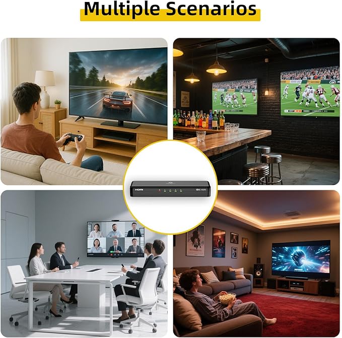 8K HDMI Splitter 1 in 4 Out (Mirror Only) – HDMI 2.1 8K@60Hz, 4K@240Hz DSC, 4K@120Hz, Auto Downscaling, 48Gbps, HDCP 2.3, Duplicate Screens for Multiple Monitors, TV, PS5, Xbox