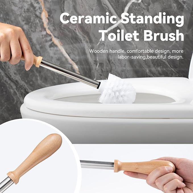 Toilet Brush and Holder Set, Ceramic Turtle Base Toilet Brush Set - 7.5â Bowl Cleaner, Toilet Scrubber Brush with Ergonomic Handle (Silver)