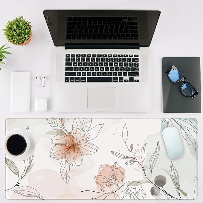 NIYLYNSYN Mouse Pad Large Flowers Watercolor Texture Non-Slip Gaming Desk Mat with Stitched Edge Laptop Keyboard Desk Pad for Work Home Gaming (35.4 x 15.7 Inches)