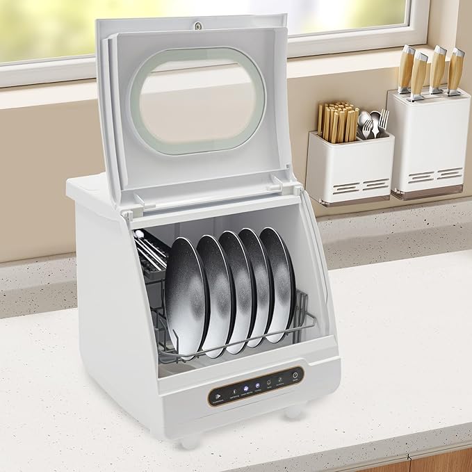 Portable Countertop Dishwasher, 800W 110V Compact Dishwasher Leak-Proof Dry Dishwasher with 5 Washing Programs and 360° Rotation Flushing for Houses, Apartments, Dorms, Rvs