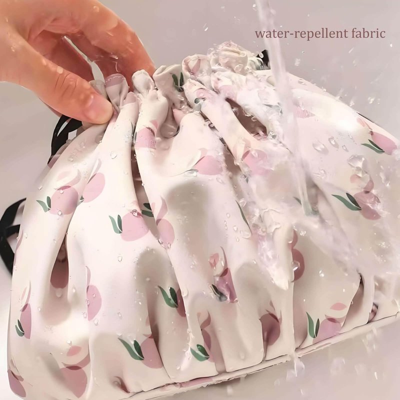 YoyoZest Large Capacity Drawstring Makeup Bag -Waterproof Oxford Cloth, Floral & Fruit Print, Multiple Inner Pockets, Lightweight & Portable for Travel & Daily Use (Milk Apricot)