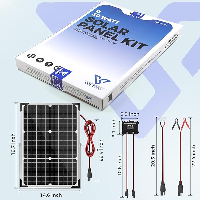 Voltset 30W Solar Battery Charger - 12V Solar Panel Kit with 10A Smart Charge Controller - IP67 Waterproof Solar Trickle Charger Maintainer - Adjustable Mount Bracket for RV Boat Car Motorcycle