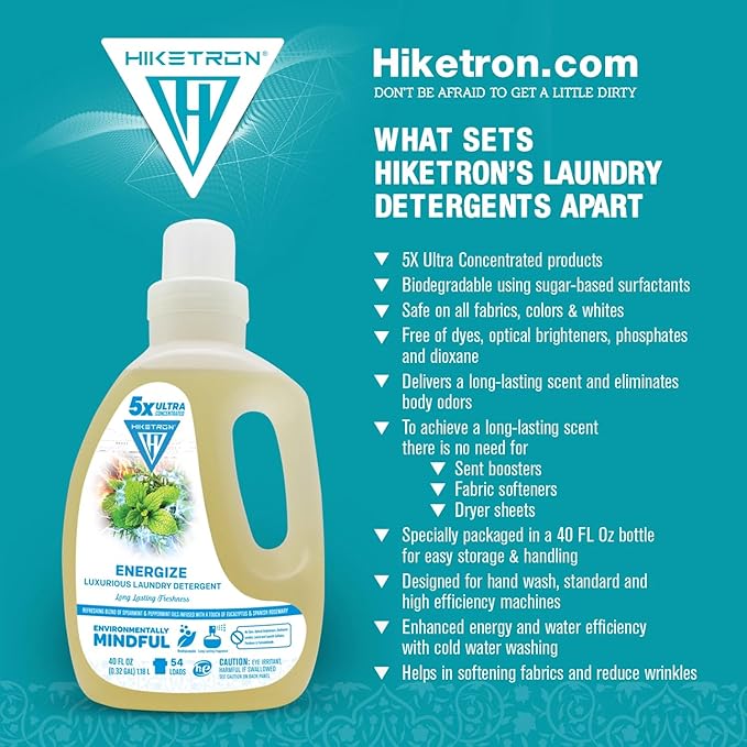 Hiketron Energize Liquid Laundry Detergent, 5x Ultra Concentrated, Tough Stains, Long Lasting Scent (80 Fl Oz, Pack of 2)