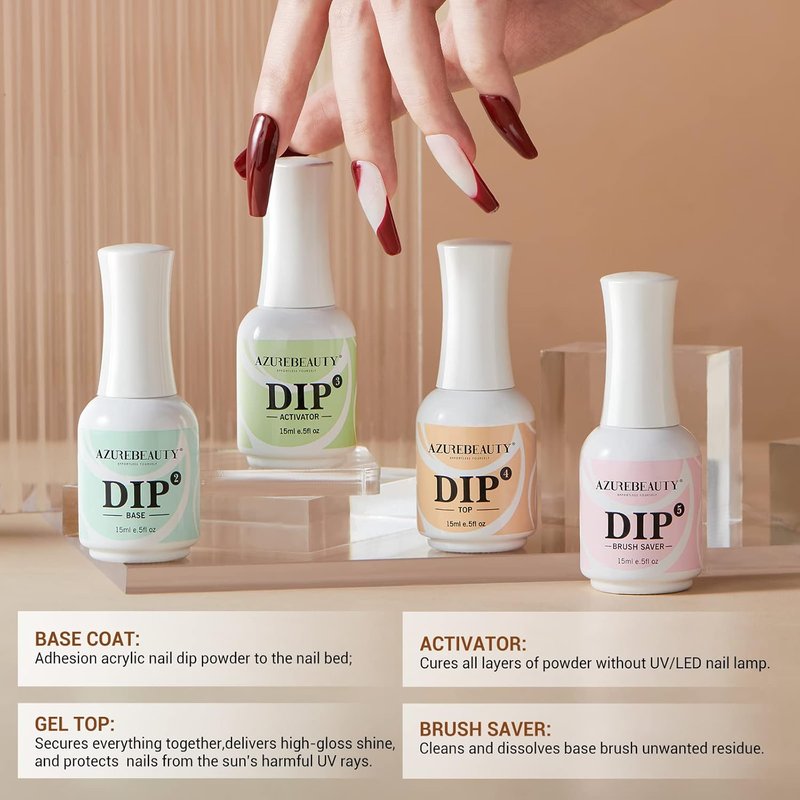Clear Dip Powder for Nails - Essential Dipping Build Powder + 4 Dip Powder Liquids Set | 15ml/0.5oz
