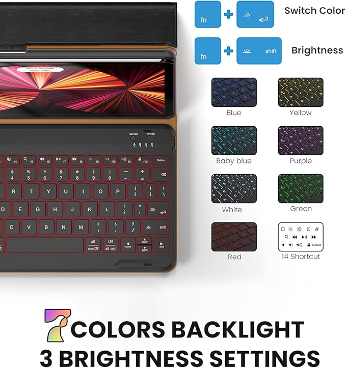 OPAKIT PU Leather Keyboard Case for iPad Air 5th/4th Generation 10.9 Inch & Pro 11 Inch 1st-4th Gen, 7-Color Backlit BT Folio Keyboard with Pencil Holder, Compatible with iPad Air 11 Inch M2 (Black)