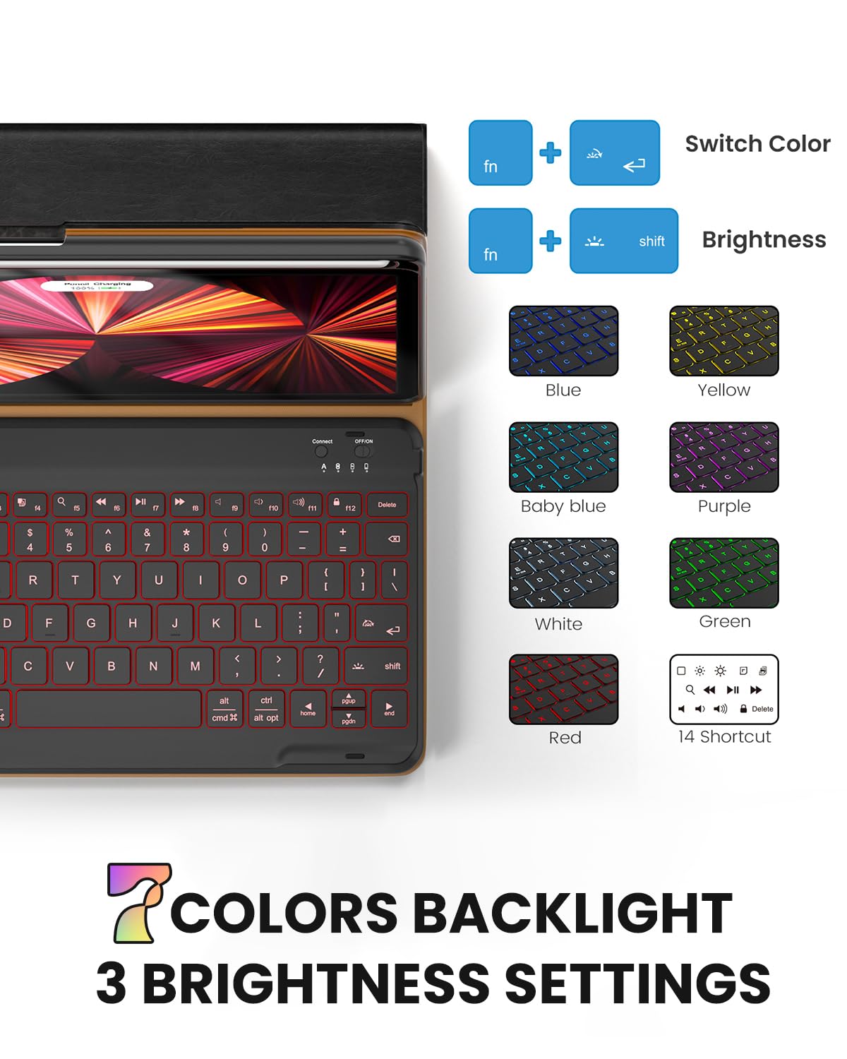 OPAKIT PU Leather Keyboard Case for iPad Air 5th/4th Generation 10.9 Inch & Pro 11 Inch 1st-4th Gen, 7-Color Backlit BT Folio Keyboard with Pencil Holder, Compatible with iPad Air 11 Inch M2 (Black)