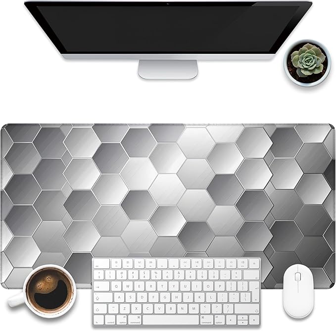 KOAIWPAE Large Gaming Mouse Pad for Desk, Silver Technology Honeycomb Desk Mat, Sci-Fi Honeycomb Desk Pad, 31.5"x15.7" Extended Big Computer Keyboard Mouse Pad with Non-Slip Base and Stitched Edge
