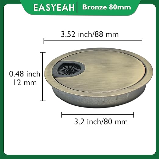 EASYEAH 2 Pcs Desk Grommet 3-1/8" / 80 mm, Desk Cord Hole Cover, Cable Grommet Metal Zinc Alloy Materilal, Desk Hole Grommet for Home & Office Pc, Detachable Cable Cord Organizer-Bronze
