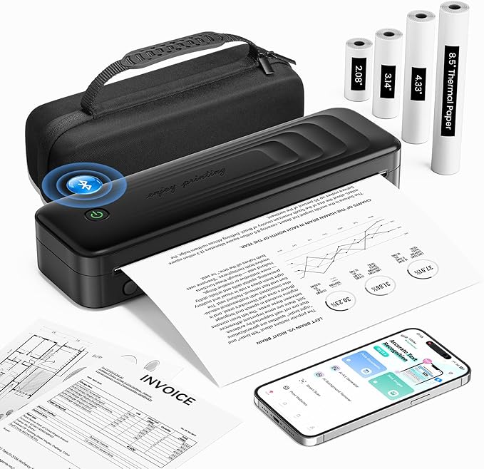 Portable Printers Wireless for Travel, Bluetooth Inkless Thermal Printer Support 8.5" X 11" US Letter, Small Mobile Printer for Phone Laptop, with Carry Case & 4 Rolls Thermal Paper, Dark Grey