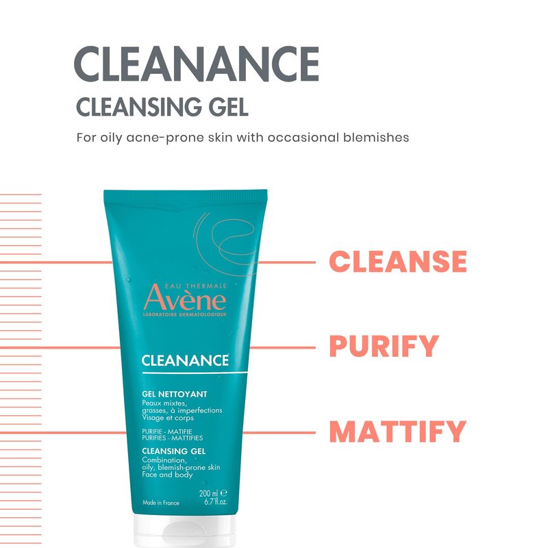 brand Avène Cleanance Cleansing Gel Soap Free Cleanser for Acne Prone, Oily, Face & Body, 6.7 Oz