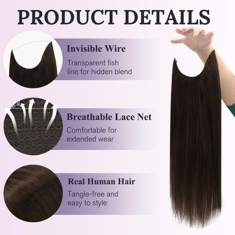 Fshine Invisible Wire Hair Extensions, Dark Brown Color 10 Inch 56G Hidden Wire Human Hair Extensions, Clip in One Piece Straight Hair for Women Add Volume