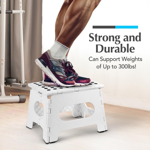 Handy Laundry Folding Lightweight Step Stool - Sturdy Enough to Support Adults and Safe Enough for Kids - Opens Easy with One Flip - Great for Kitchen, Bathroom or Bedroom (White - 9 Inch)