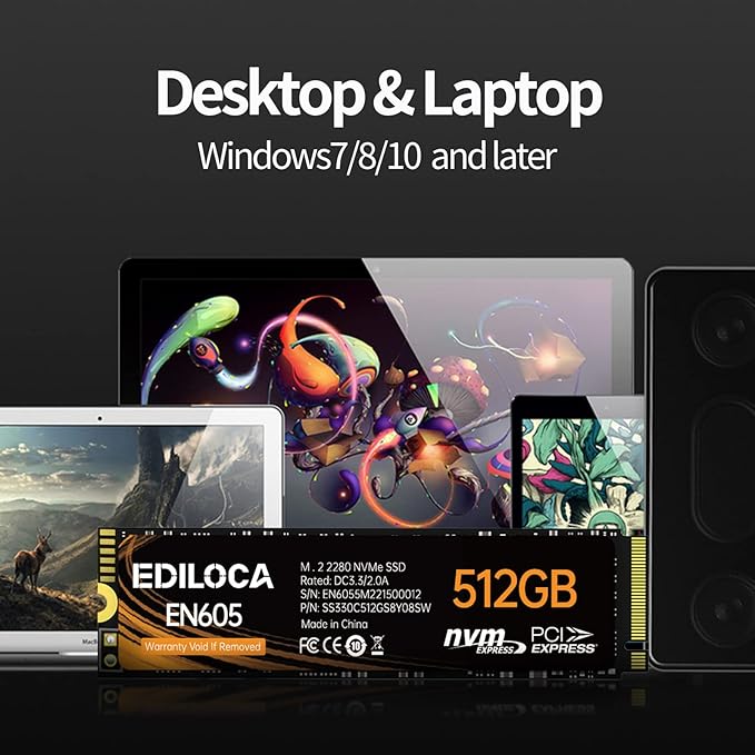 Ediloca EN605 512GB M.2 SSD, NVMe1.3 PCIe Gen3 x4 SSD TLC, Internal Hard Drive, M.2 2280 - Read/Write Speed up to 2100/1300 MB/s - Internal SSD Compatible with Laptop & PC Desktop