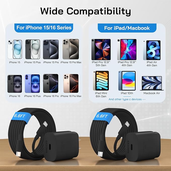 30W USB C i Phone 17 16 15 Charger Fast Charging, 2PACK Wall Charger for iPhone 16 15 Pro Max Charger Cord 6.6FT Fast Type C Block for iPhone 17 Pro Max/17 Air/16/15 Plus/15 Pro Max,i Pad Pro, Black