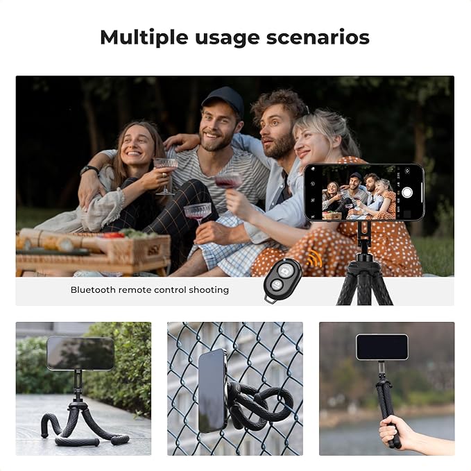 K&F CONCEPT Flexible Tripod, Magnetic Flexible Phone Stand with Wireless Remote, Mini Vlogging Tripod, Compatible with iPhone 17 Pro Max/16/15/14/13/12 All Phones and Actions Camera.