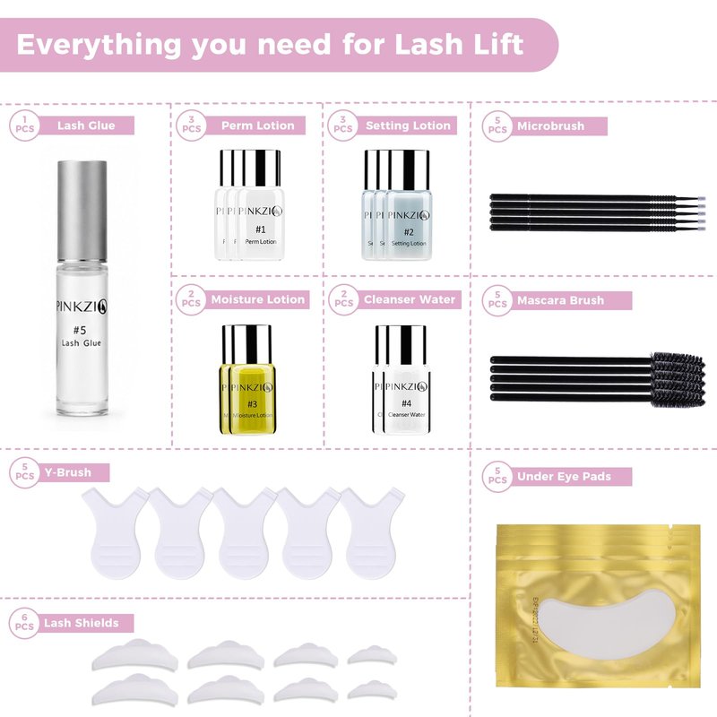 PINKZIO Lash Lift Kit Eyelash Perm Kit, Professional Eyelash Lash Curling, Semi-Permanent Curling Perming Suitable For Salon, Pink