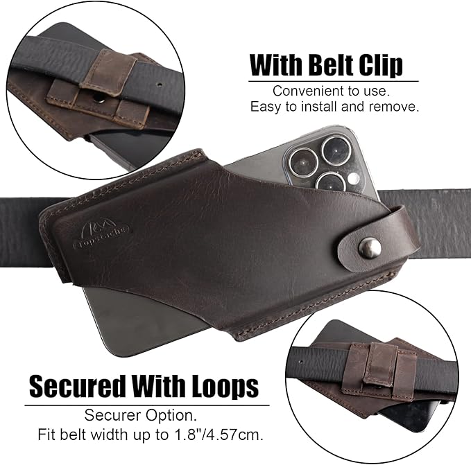 Topstache Belt Clip Leather Cell Phone Holster for iPhone 17/17 Pro/16/16 Pro, Galaxy S25/S24/S23 - Cell Phone Holder for Belt - Magnetic Closure Leather Holster Case Pouch, M,Dark Brown