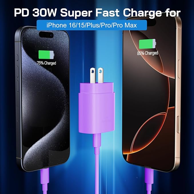30W USB C i Phone 17 16 15 Charger Fast Charging, 2PACK Wall Charger for iPhone 16 15 Pro Max Charger Cord 10FT Fast Type C Block for iPhone 17 Pro Max/17 Air/16/15 Plus/15 Pro Max,i Pad Pro, Purple