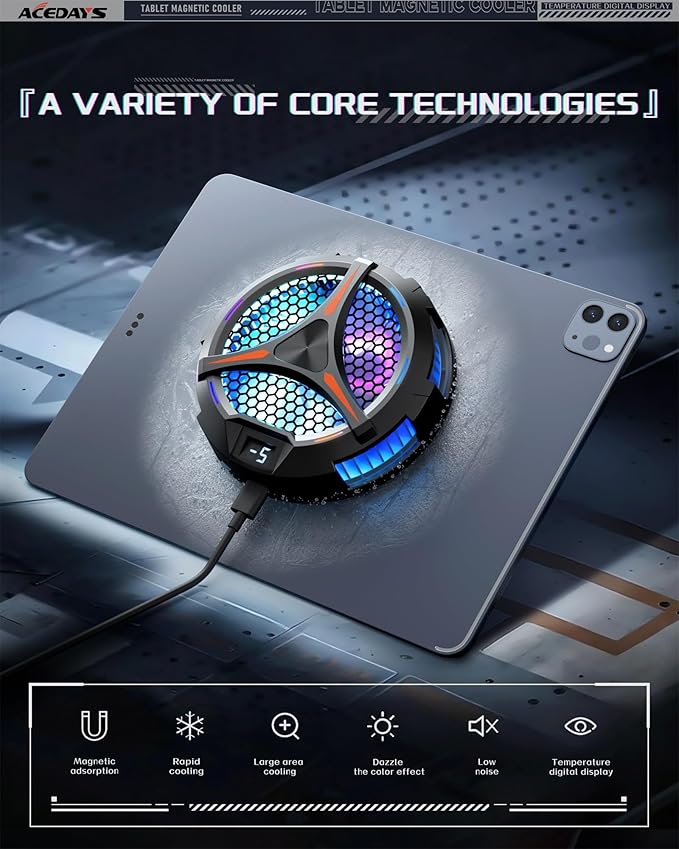 ACEDAYS iPad Cooler,Magnetic Tablet Cooler for ipad/Surface pro/Samsung Tab,Universal Radiator with Temperature Display for Mobile Gaming,Tiktok Live Streaming(Including Tablet Stand Holder)