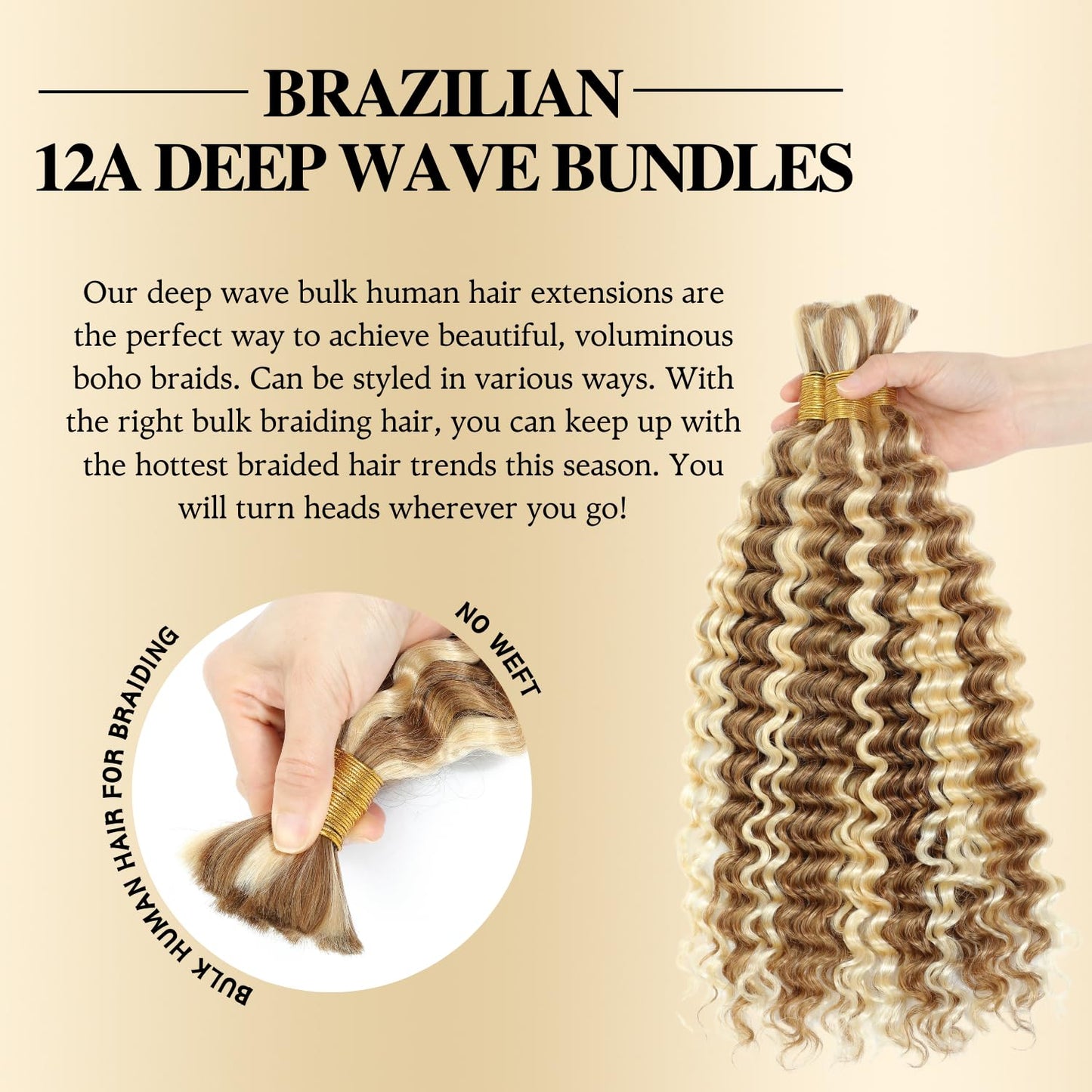 Syrenlore F27/613 Human Hair Deep Wave Bulk for Boho Braids 20 Inch 50G, 12A Multi Blonde Highlight Braiding 100% Real Virgin Hair No Weft Honey Blonde Ombre #27/613 Culry Braids Miracle Knots