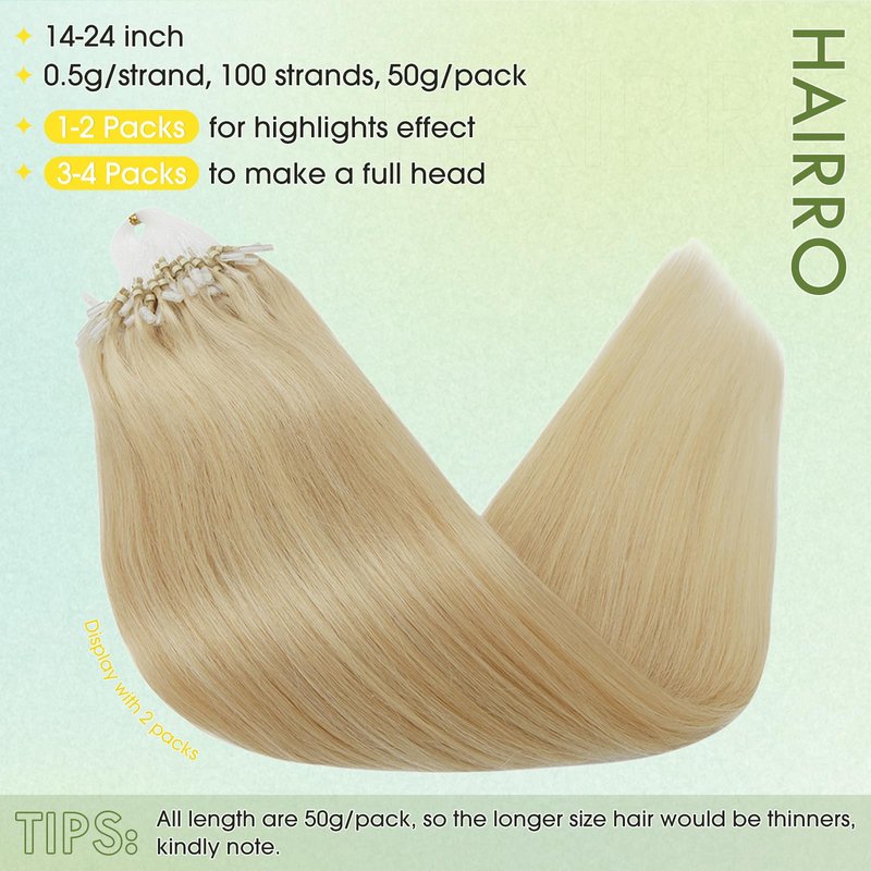 Hairro Microlink Hair Extension Remy Keratin Itip Micro Bead Fusion Hair Micro Loop Micro Link Beads Brazilian I Tipped Remy Hairpiece For Women 14 inch 50g 100 Strands #613 Light Blonde