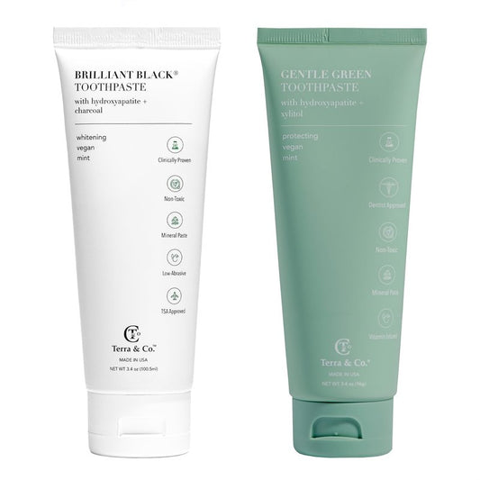 Terra & Co. Toothpaste Combo - Brilliant Black & Gentle Green Formulas for Sensitive Teeth - US-Made - Natural, Vegan, Remineralizing Micro-Hydroxyapatite - Fluoride-Free & SLS-Free - Mint, 3.4 Oz