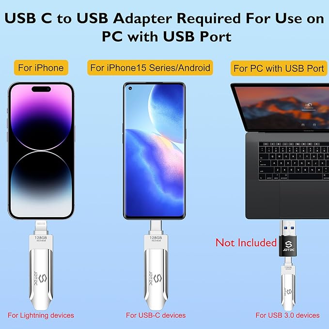 Genuine Apple MFi Certified 128GB Secure USB-C & Lightning Flash Drive Real Capacity, Encrypted Auto Backup Photo Stick for iPhone/iPad Memory Stick for High-Speed Photo, Video, File Backup & Transfer