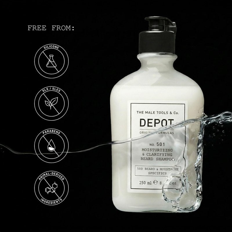 DEPOT No. 501 Moisturizing & Clarifying Beard Shampoo 250ml – Gentle Cleanse with Aloe Vera, Mint Oil & Pro-Vitamin B5 for Hydrated, Soft, Well-Groomed Facial Hair