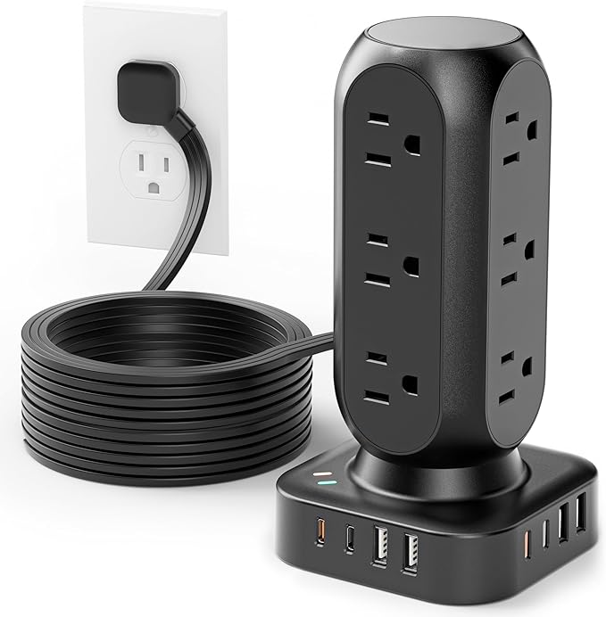 Flat Plug Power Strip Tower, TenTrend Dual PD 20W USB-C Charger Tower with 12 AC Outlets & 8 USB Ports (4 USB C), 40W Total Fast Charging Station, 10FT Extension Cord for Desk Office Dorm Room